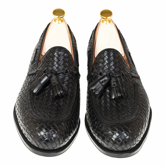Black Hand-Woven Braided Leather Acton Loafers