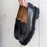 Black Leather Belize Chunky Penny Loafers - With Track Soles