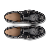 Black Leather Spike Studded Atsabe Wingtip Monk Straps Shoes