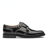 Black Leather Spike Studded Atsabe Wingtip Monk Straps Shoes