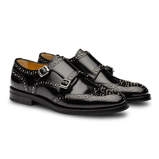 Black Leather Spike Studded Atsabe Wingtip Monk Straps Shoes