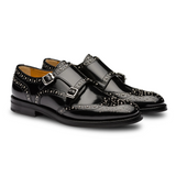 Black Leather Spike Studded Atsabe Wingtip Monk Straps Shoes