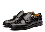 Black Leather Spike Studded Atsabe Wingtip Monk Straps Shoes