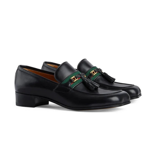 Black Leather Web Detailed Loafers
