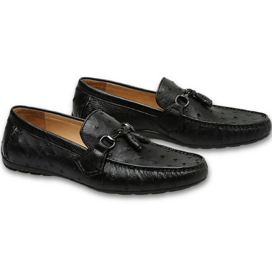 Black Ostrich Leather Balimo Slip On Tassel Horse Bit Loafers