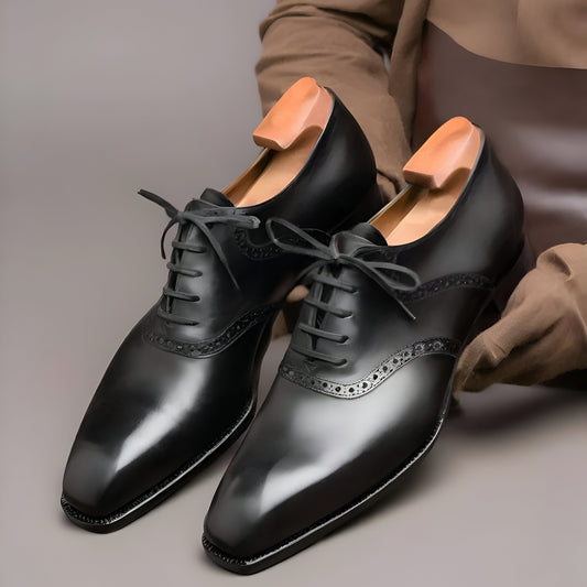 Black Leather Kratio Brogue Oxfords - Formal Shoes