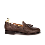 Brown Hand Woven Braided Leather Acton Tassel Loafers