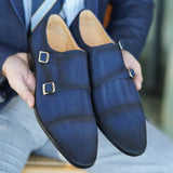 Handcrafted Navy Nubuck Double Monk Strap Shoes