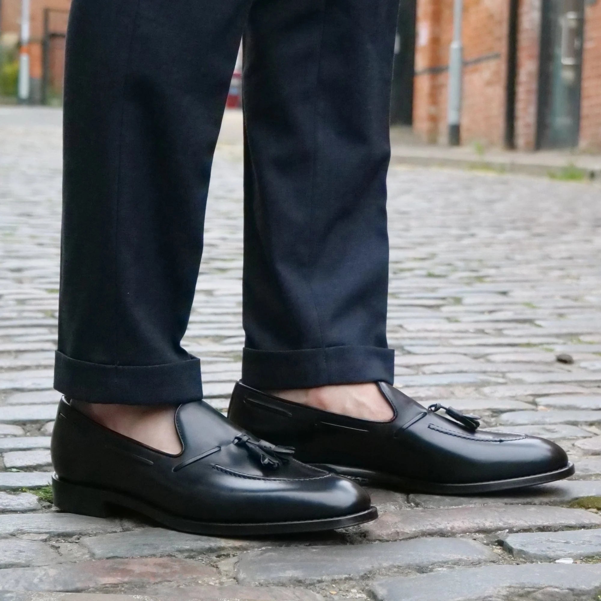 Men’s black leather Henley tassel loafers – handmade by LexaItaliano