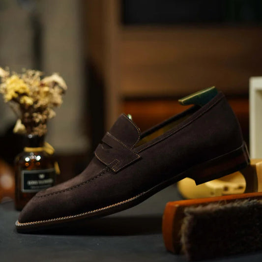 Hand-Made Dark Brown Suede Penny Loafers