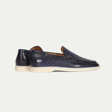 Navy Blue Croc Print Leather Athena Yatch Loafers with White Soles