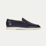 Navy Blue Croc Print Leather Athena Yatch Loafers with White Soles
