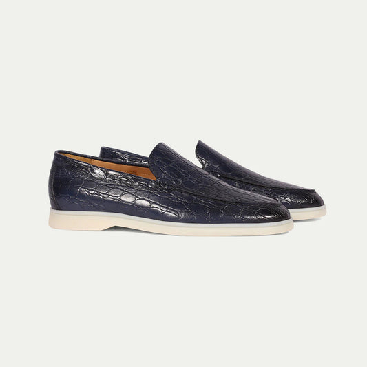 Navy Blue Croc Print Leather Athena Yatch Loafers with White Soles