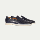 Navy Blue Croc Print Leather Athena Yatch Loafers with White Soles