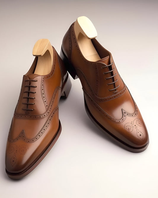 Tan Leather Adrion Brogue Wingtip Oxfords - Formal Shoes