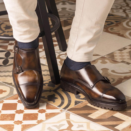 Tan and Brown Leather Classic Crusaders Castle Monk Straps Shoes