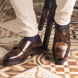 Tan and Brown Leather Classic Crusaders Castle Monk Straps Shoes