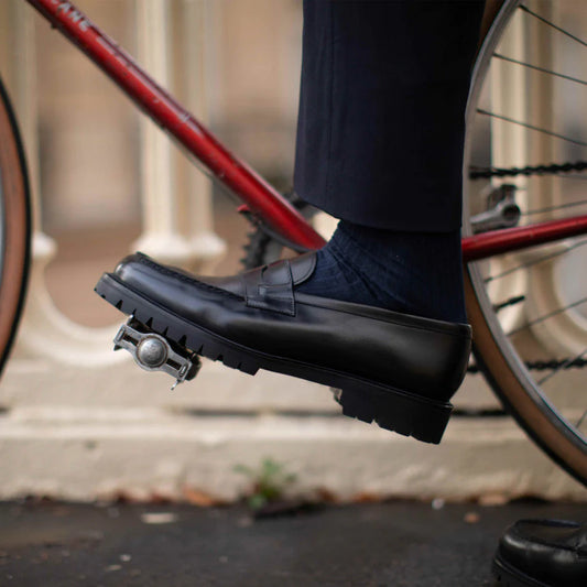 Black Leather Belize Chunky Penny Loafers - With Track Soles