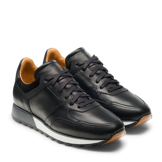 Black Leather Nausori Lace Up Running Sneaker Shoes