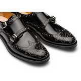 Black Leather Spike Studded Atsabe Wingtip Monk Straps Shoes