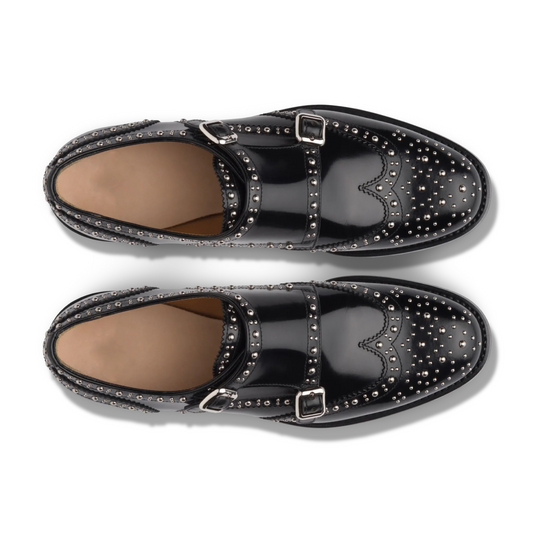 Black Leather Spike Studded Atsabe Wingtip Monk Straps Shoes