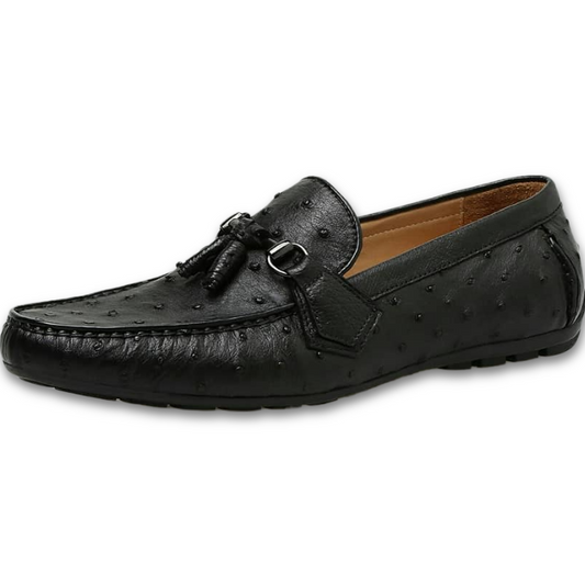 Black Ostrich Leather Balimo Slip On Tassel Horse Bit Loafers