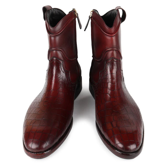 Burgundy Patina Mirror Glossed Croco Detail Cowboy ZipBoot.