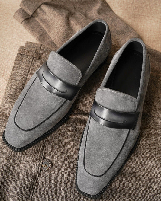 Gray Suede Penny Loafers